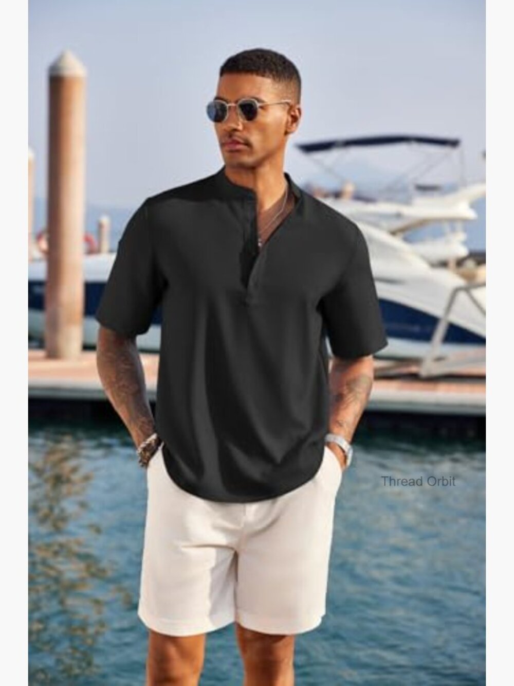 Casual Henley Shirt Short Sleeve Band Collar Linen Summer Beach Tee - Picture 2 of 7